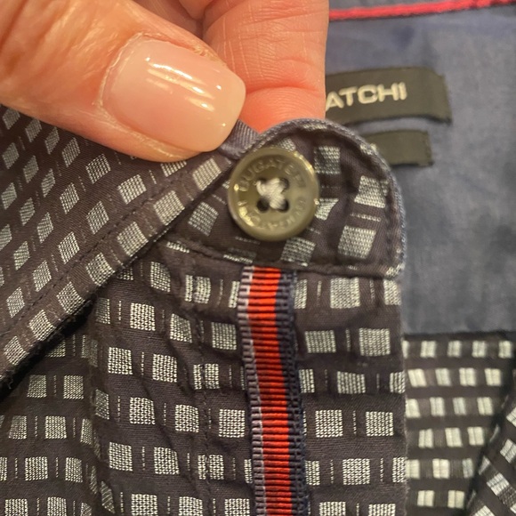 Bugatchi Shaped Fit Geometric Button Down Shirt Navy Gray‎ Modern Dress Shirt L - Picture 7 of 13